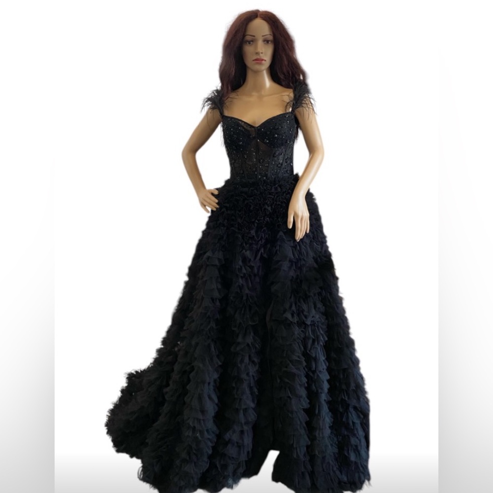 Sherri Hill 54906 off the shoulder ruffle ball gown dress - Picture 2 of 13